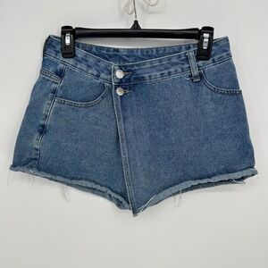 SHEIN Womens Denim Shorts Size 30 Blue Asymmetrical High Rise Raw Hem